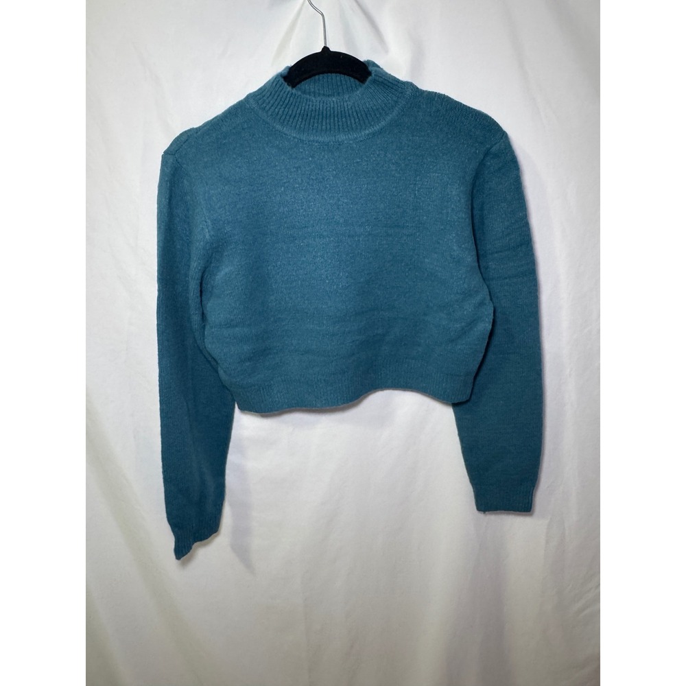Teal Cropped Mock Neck Sweater S Blue Cozy Modern Ribbed Knit Tulip B NWT